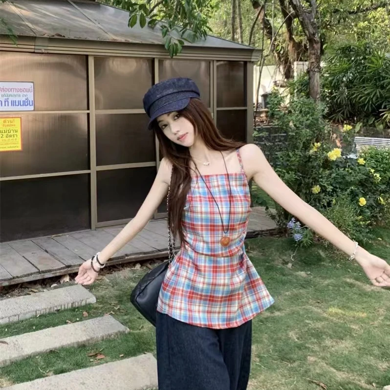 甜辣气质红色格纹吊带背心夏季独特绝美收腰显瘦上衣女➕裤子