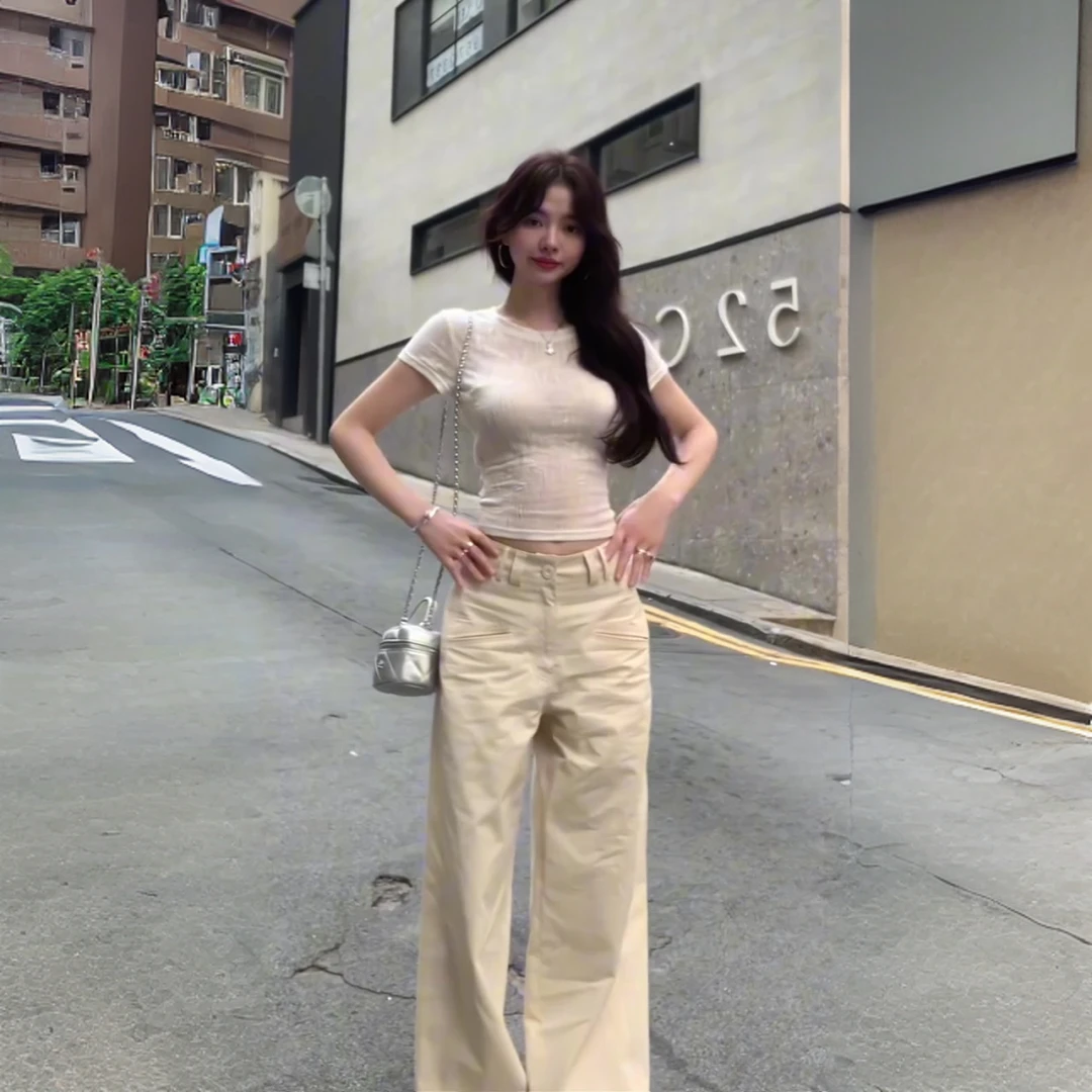 MARIE.COCO纯色设计感绑带纯欲T恤气质薄款浅色阔腿牛仔裤两件套