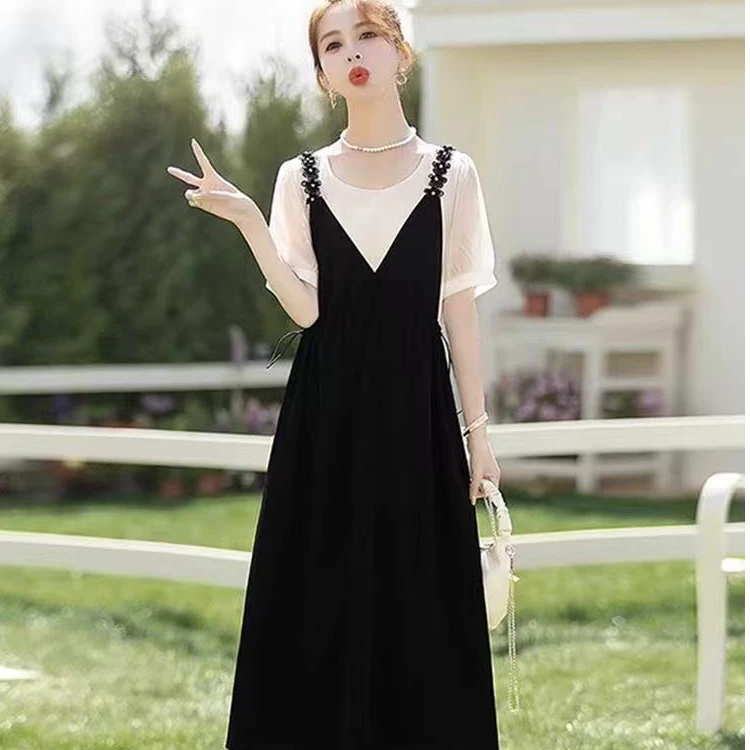 时尚假两件撞色拼接连衣裙女2025夏季新款抽绳设计感中长款A字裙