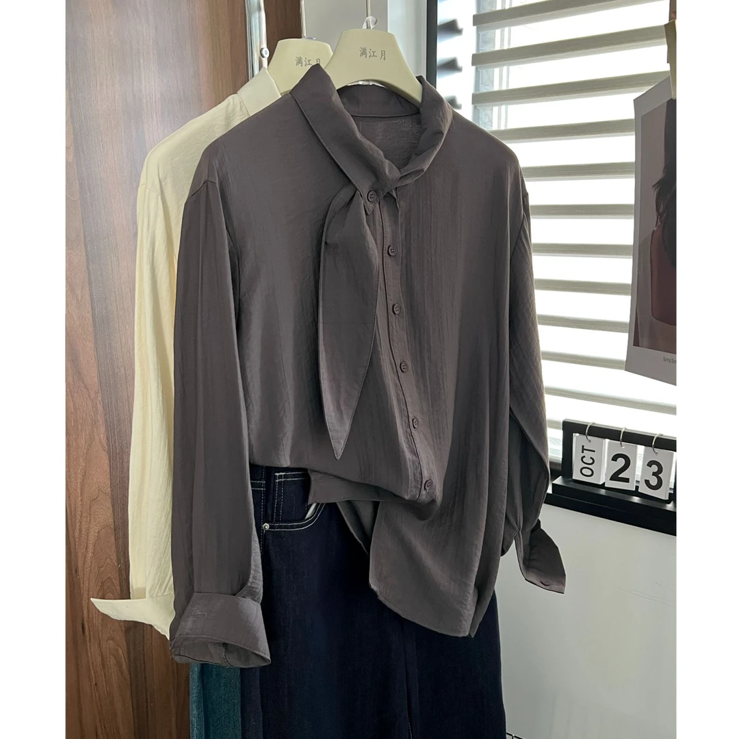 气质法式设计风独特上衣围巾领长袖衬衫女2025秋季新款高级感小衫