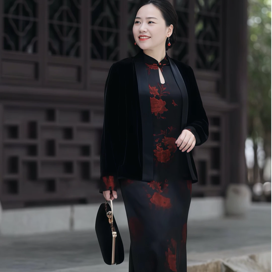 美爱《金枝玉叶连衣裙》真丝提花新款宽松大气新中式连衣裙Q516