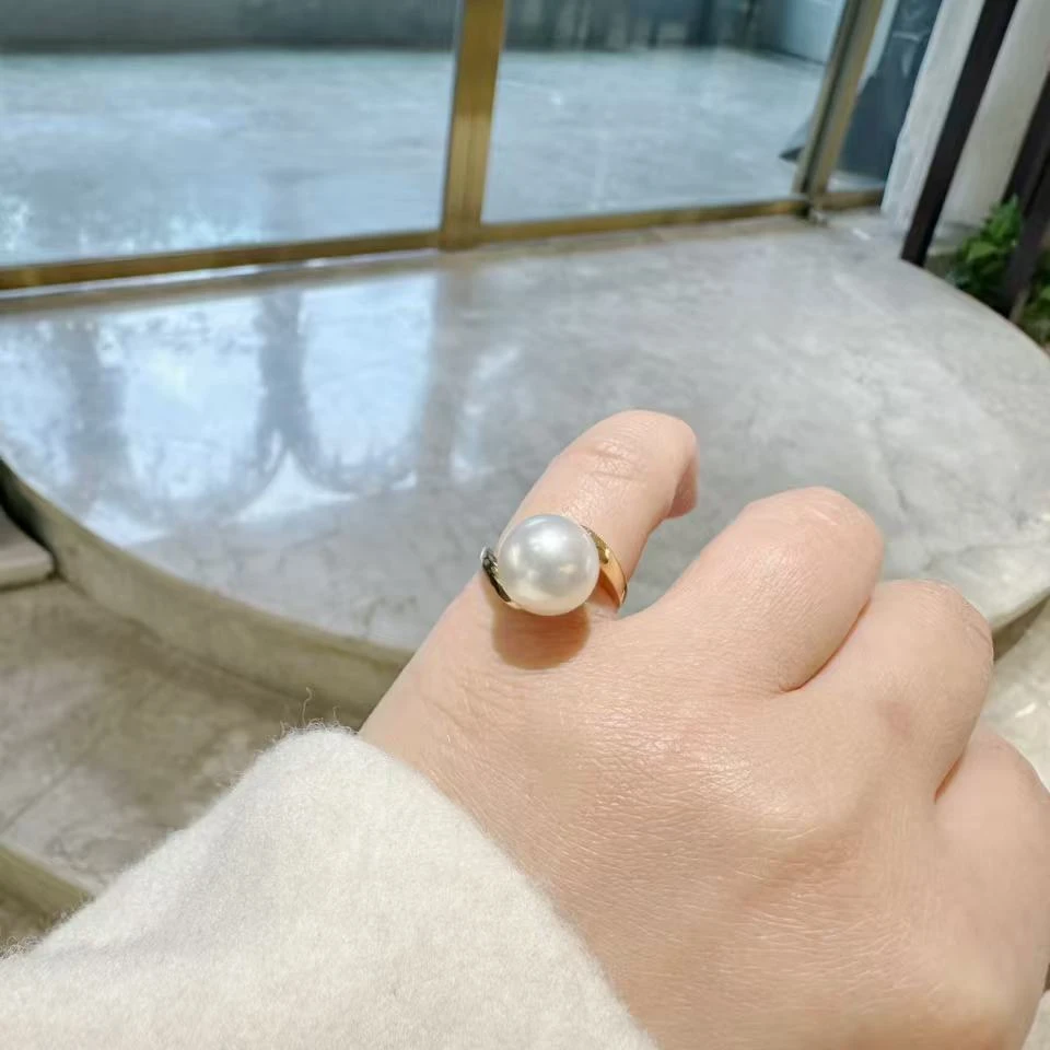 金美达AU750海水珍珠戒指18K金正圆无暇强光澳白珍珠戒指12-13mm