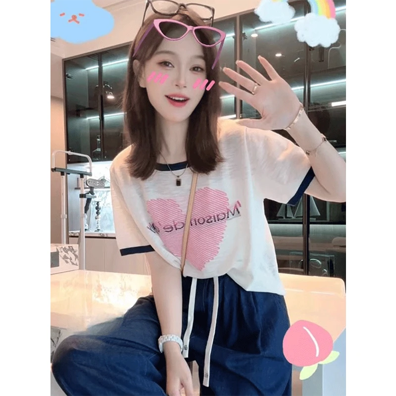 韩版薄款针织短袖T恤女2025年夏季新款时尚爱心印花撞色圆领上衣