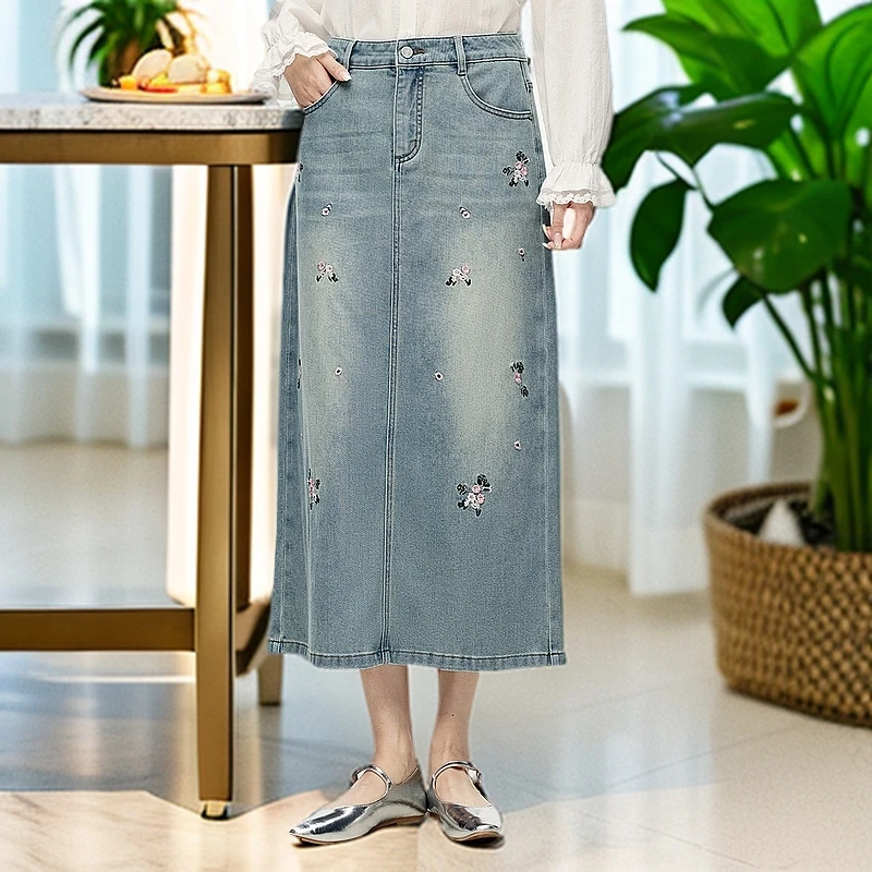 【夏日凉感】茵曼2025春季新款女装刺绣牛仔裙百搭显瘦字半身裙