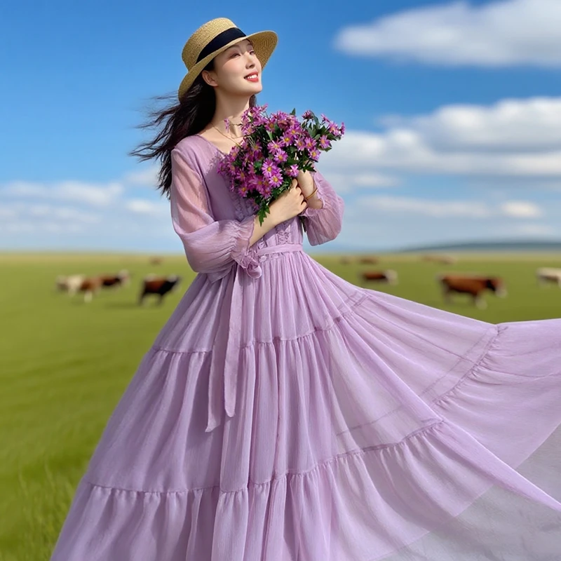 清【五月拾光】夏季圆领木耳边连衣裙女薄七分袖收腰拼接红色长裙