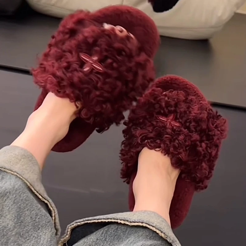 自留款推荐！INS泰迪卷毛毛拖鞋女外穿2025秋冬季厚底毛茸茸一字拖