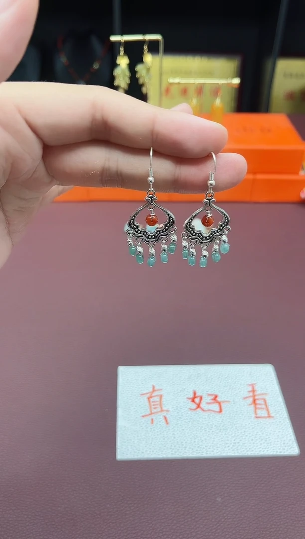 翡翠银S925镶嵌耳饰432000