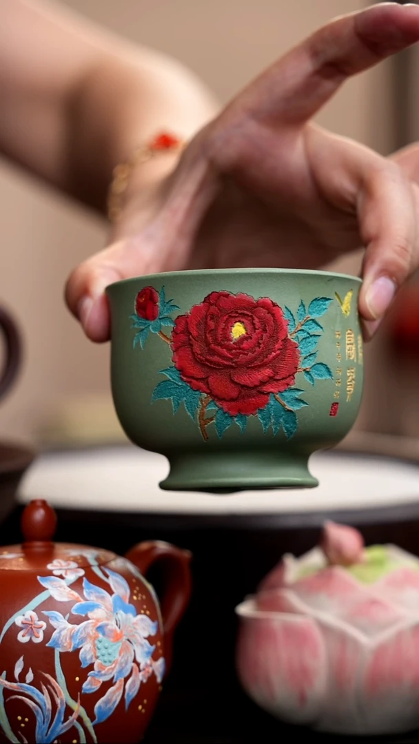 茶壶紫砂豆青砂大缸杯彩刻牡丹