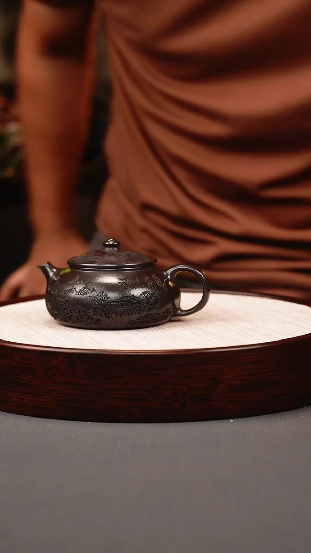茶壶紫砂石黄 寒江 刻绘