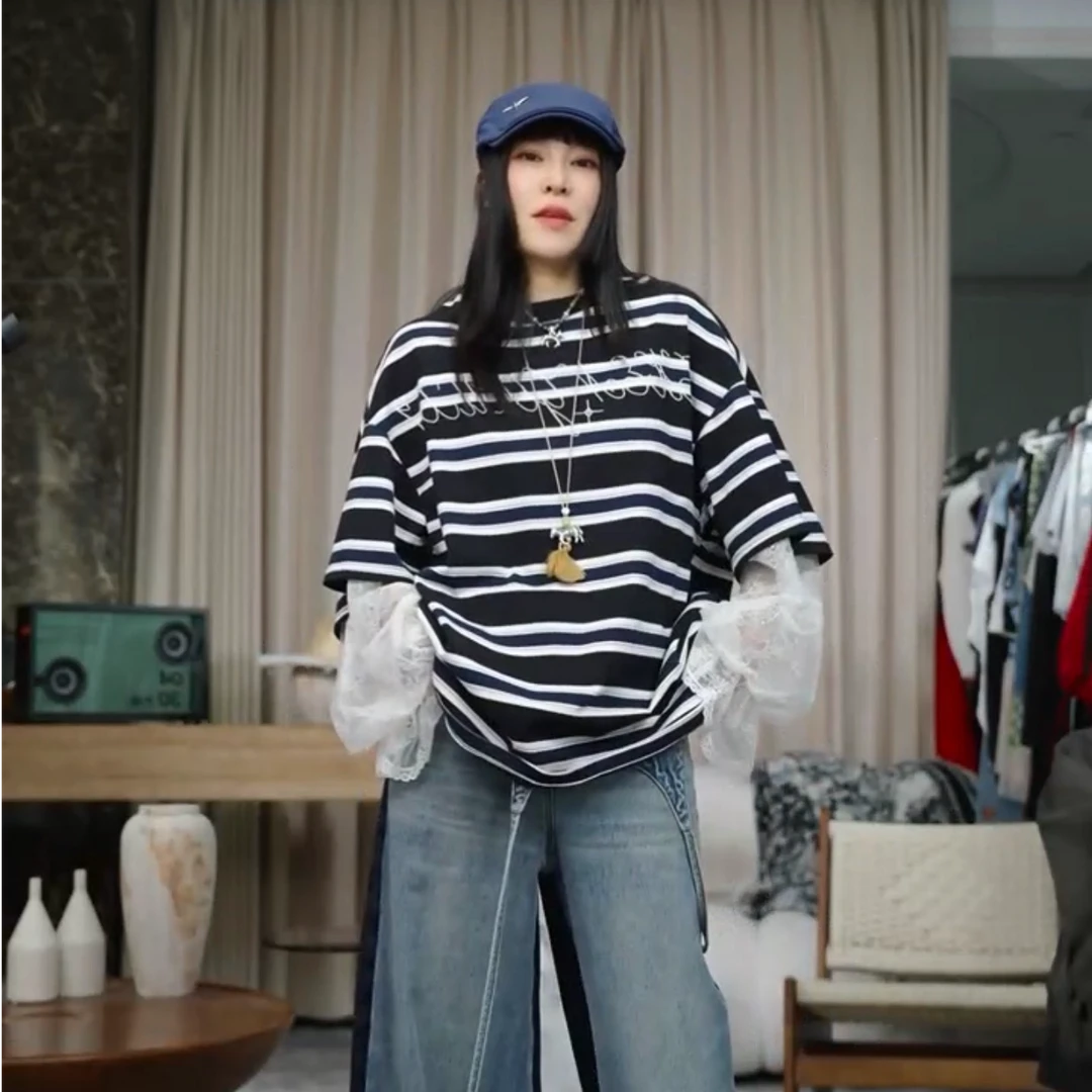 infobyfive2025夏季新款条纹短袖蕾丝袖假两件T恤NF0504088