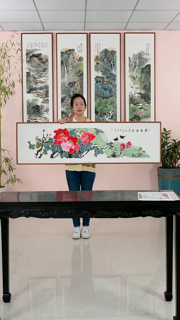 国画汪琼《春意盎然》纯手绘带檀木框162*47厘米