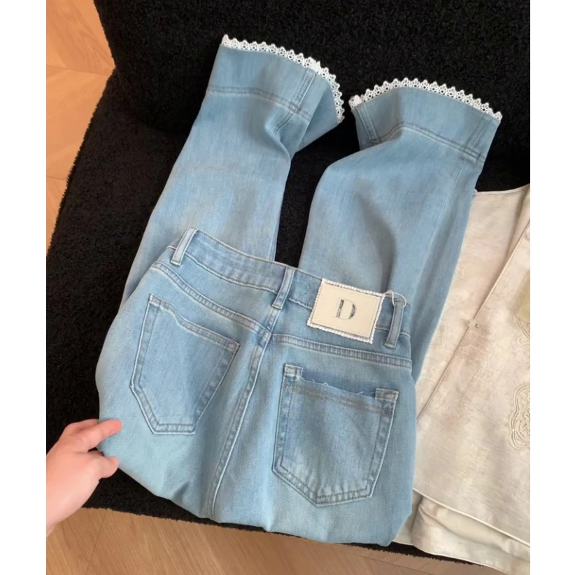 拼接蕾丝花边九分直筒裤春季新款女梨形身材显瘦高腰小个子牛仔裤