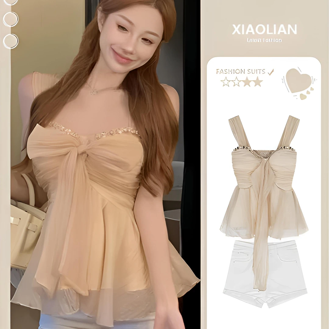 法式甜美钉钻吊带背心女高级感小众蝴蝶结收腰绝美上衣