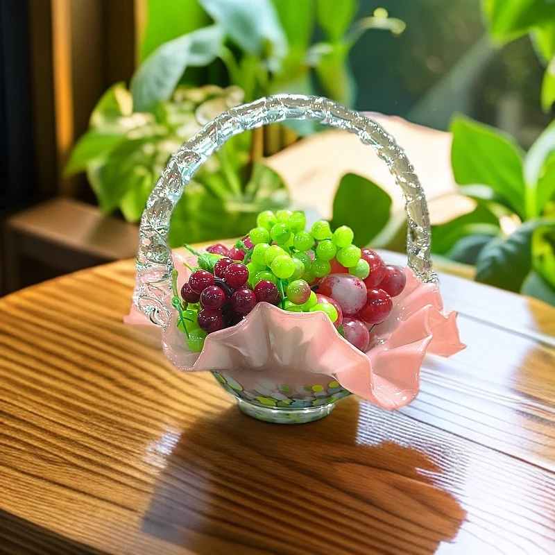 中古芬顿田园手工琉璃花篮提篮果盘鲜花干花花瓶桌面装饰家居摆件