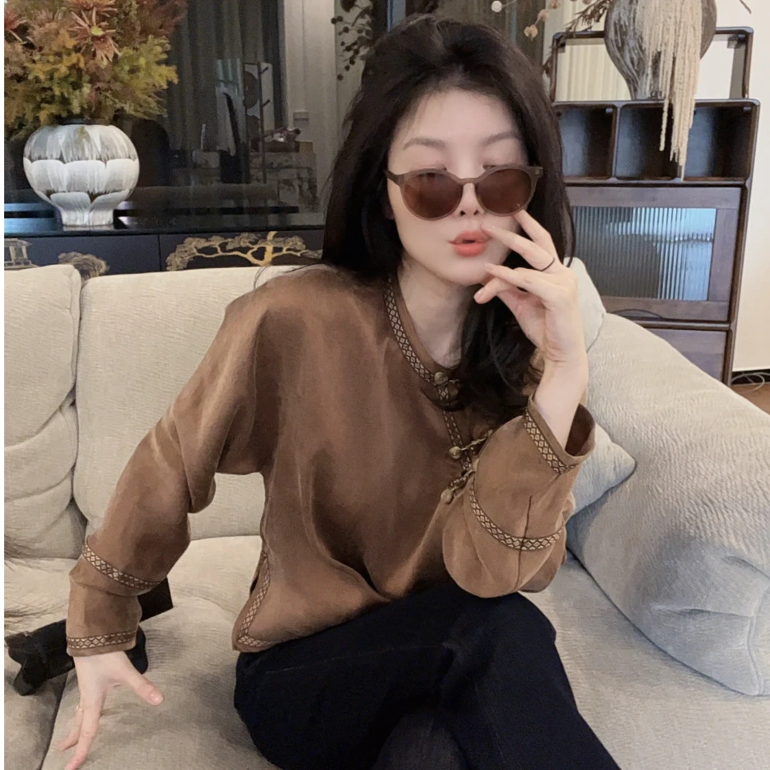 【悦悦专属】秋季复古新中式斜襟盘扣减龄衬衣Y818