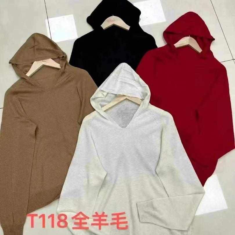 2025新款时尚百搭长袖针织连帽纯色百分百棉羊毛衫130-230