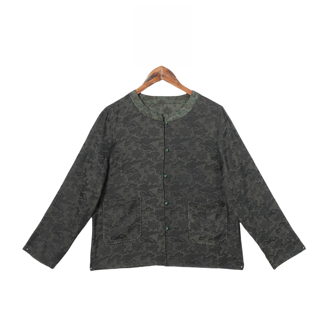 【世安】桑蚕丝香云纱新中式直襟复古宽松休闲提花上衣2416917