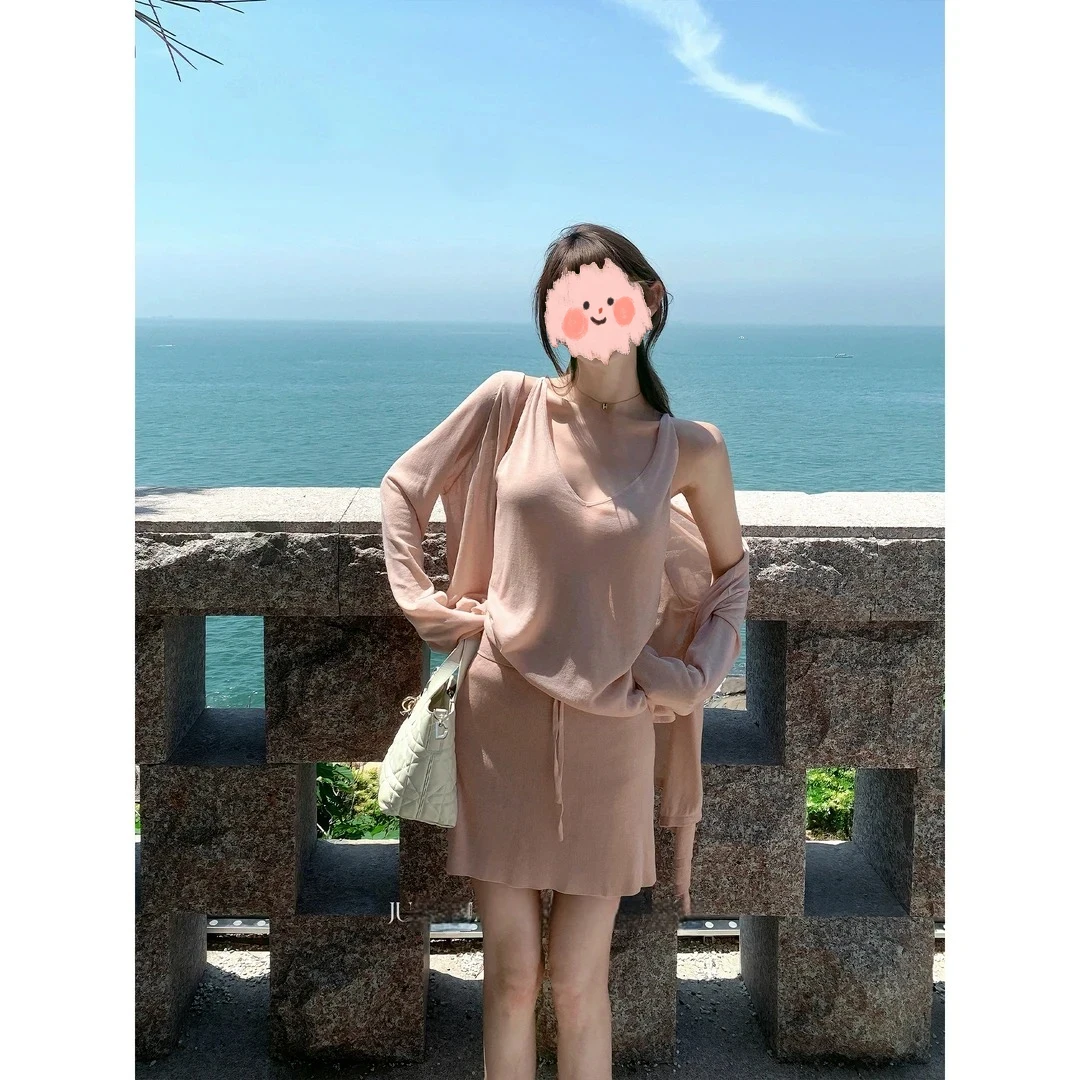 juanjuanyee【冰沙三件套】亚麻开衫吊带背心半身裙防