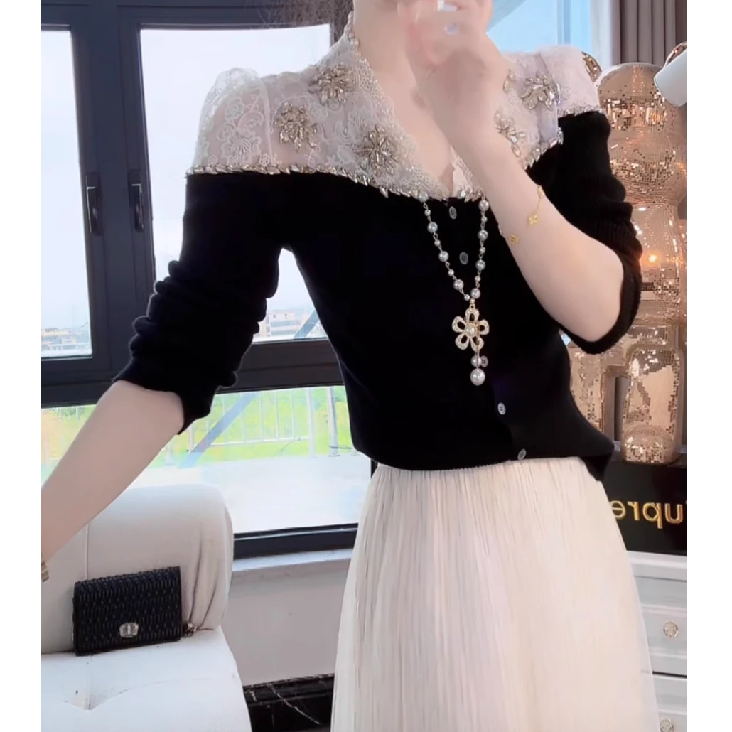 法式气质钉珠时尚V领蕾丝针织开衫女装2025秋冬新款仙气飘半身裙