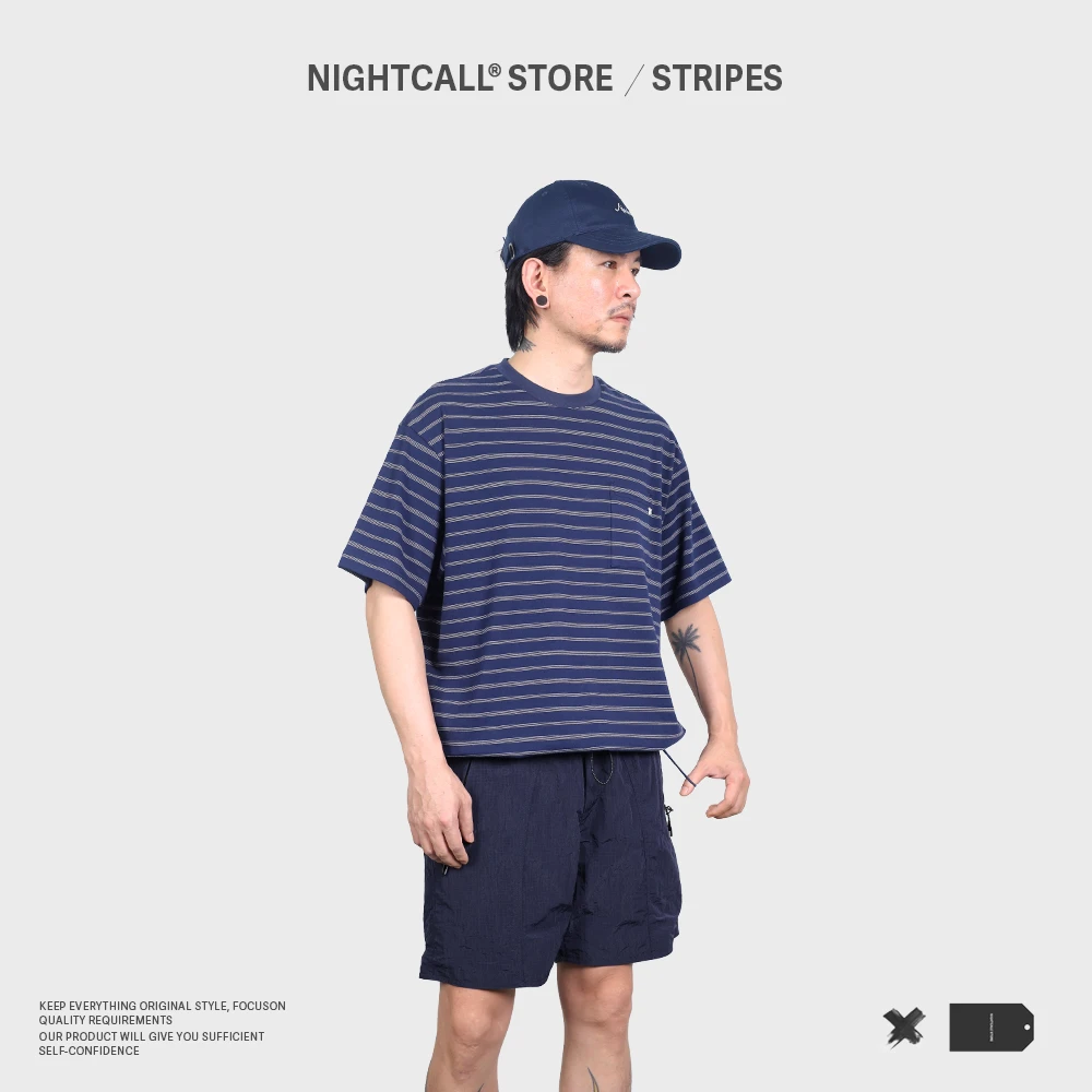NIGHTCALL / STRIPED 定制弹力条纹抽绳T恤 百搭款口袋圆领短袖