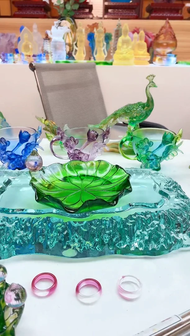 手工艺品琉璃绿色荷花杯碟14公分