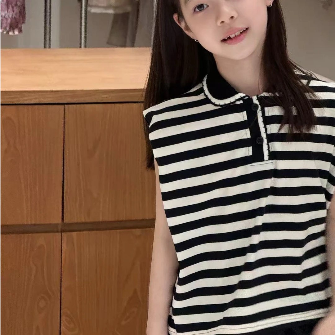 KIKIAND中大童夏季气质常规少女风条纹无袖POLO套装--25061