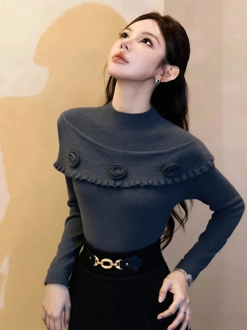 法式宫廷风花朵针织衫秋冬新款轻奢修身气质深灰色内搭打底衫毛衣