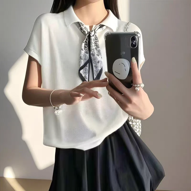夏季百搭丝巾装饰POLO领百搭短袖T恤A11398