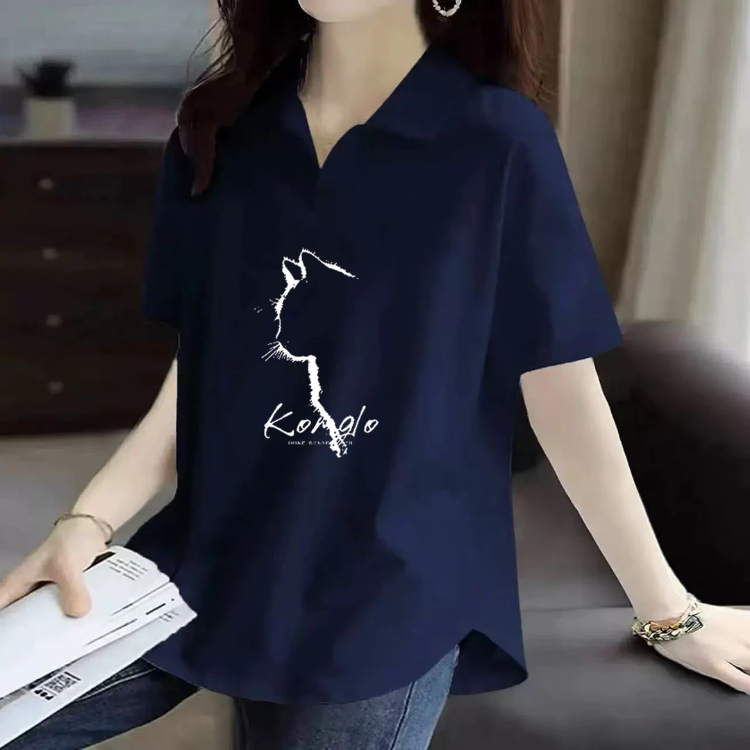 欧货纯棉黑色翻领短袖t恤女夏2025新款宽松显瘦POLO领减龄打底衫