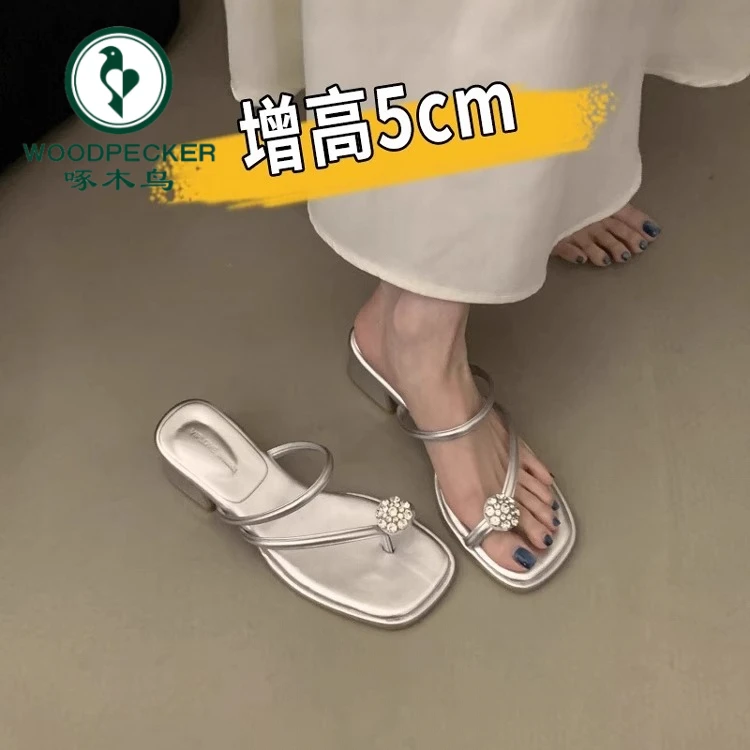 啄木鸟法式粗跟水钻高跟凉鞋女2025新款夏季时尚配裙凉拖鞋罗马鞋