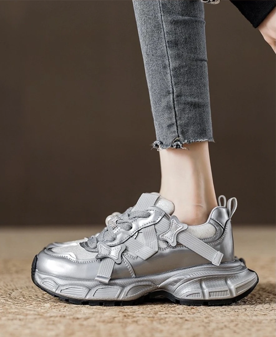 老爹鞋 银色内增高厚底小个子鞋