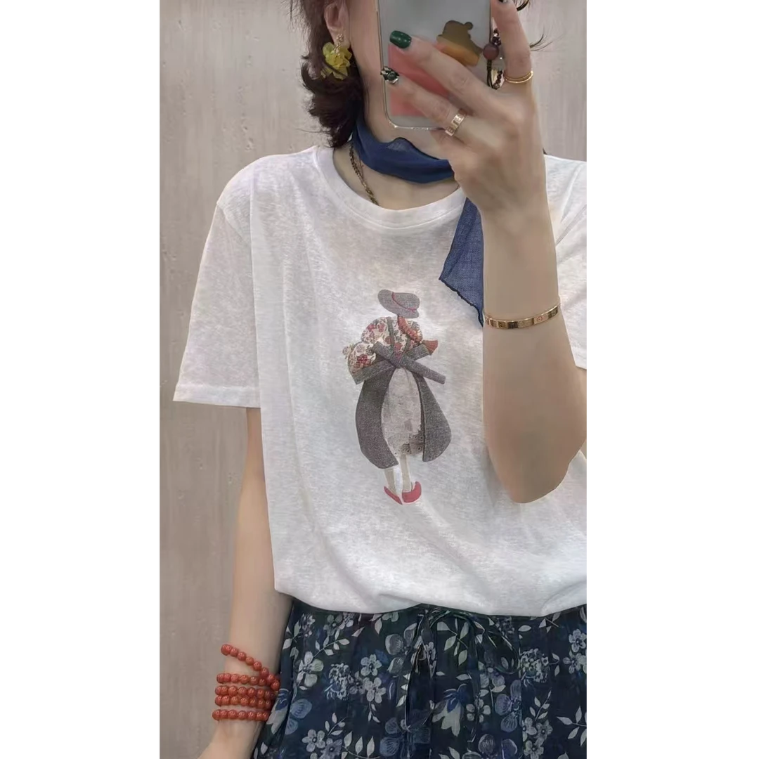 棉麻圆领印花白色短袖T恤ins女宽松显瘦休闲百搭夏季薄款时尚上衣