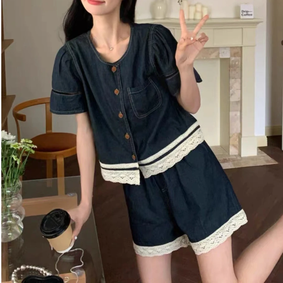 复古牛仔小香风时尚套装夏季新款宽松百搭显瘦牛仔上衣高腰短裤女