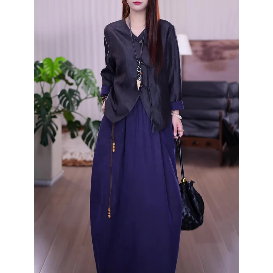 时尚民族风休闲套装女2025秋季新款文艺宽松显瘦长袖衬衫+半身裙