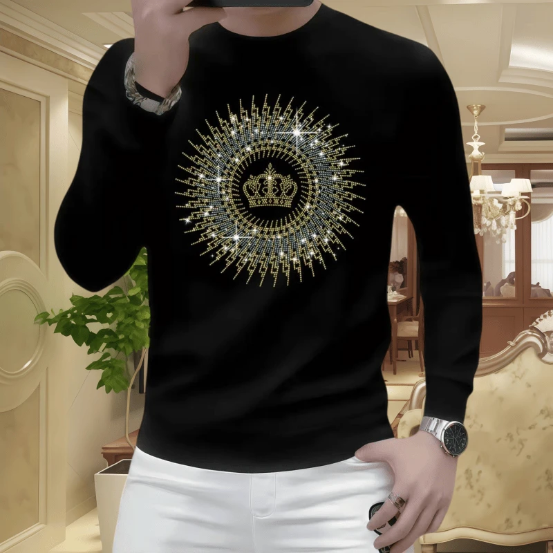 秋冬季圆领烫钻套头时尚男士长袖时尚休闲百搭潮流修身卫衣打底衫