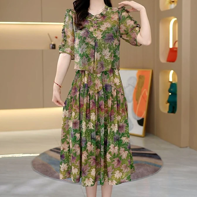 梦曼姿夏季新款连衣裙2025修身显瘦收腰假两件气质裙子碎花清爽色