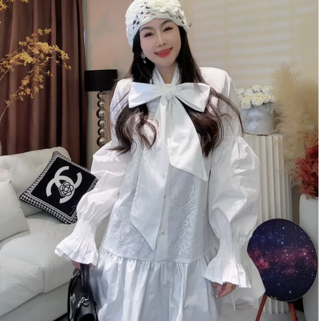 L.X~高级感气质炸街减龄提花蝴蝶结衬衫女新款法式小个子上衣6003