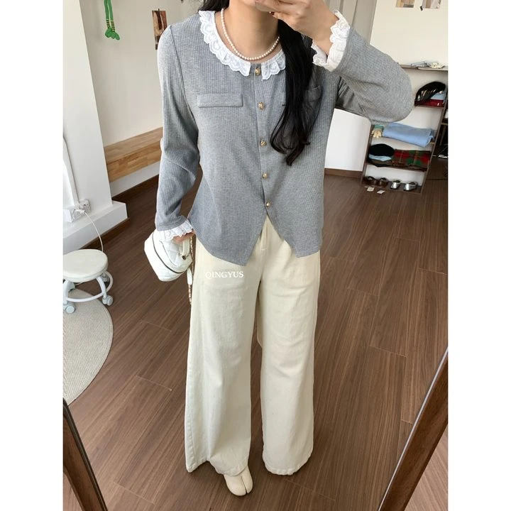 QINGYUS-法式花边捏褶收腰显比例开叉微胖显瘦遮肉上衣大码女装