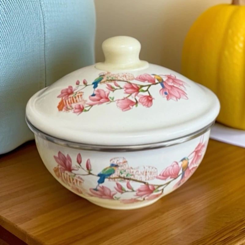 【16cm海碗】塘瓷盖碗搪瓷盆家用带盖加厚怀旧老式厨房洋瓷盆装猪油