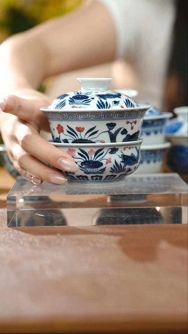 杯子小**生釉里红盖碗矮如是两件套