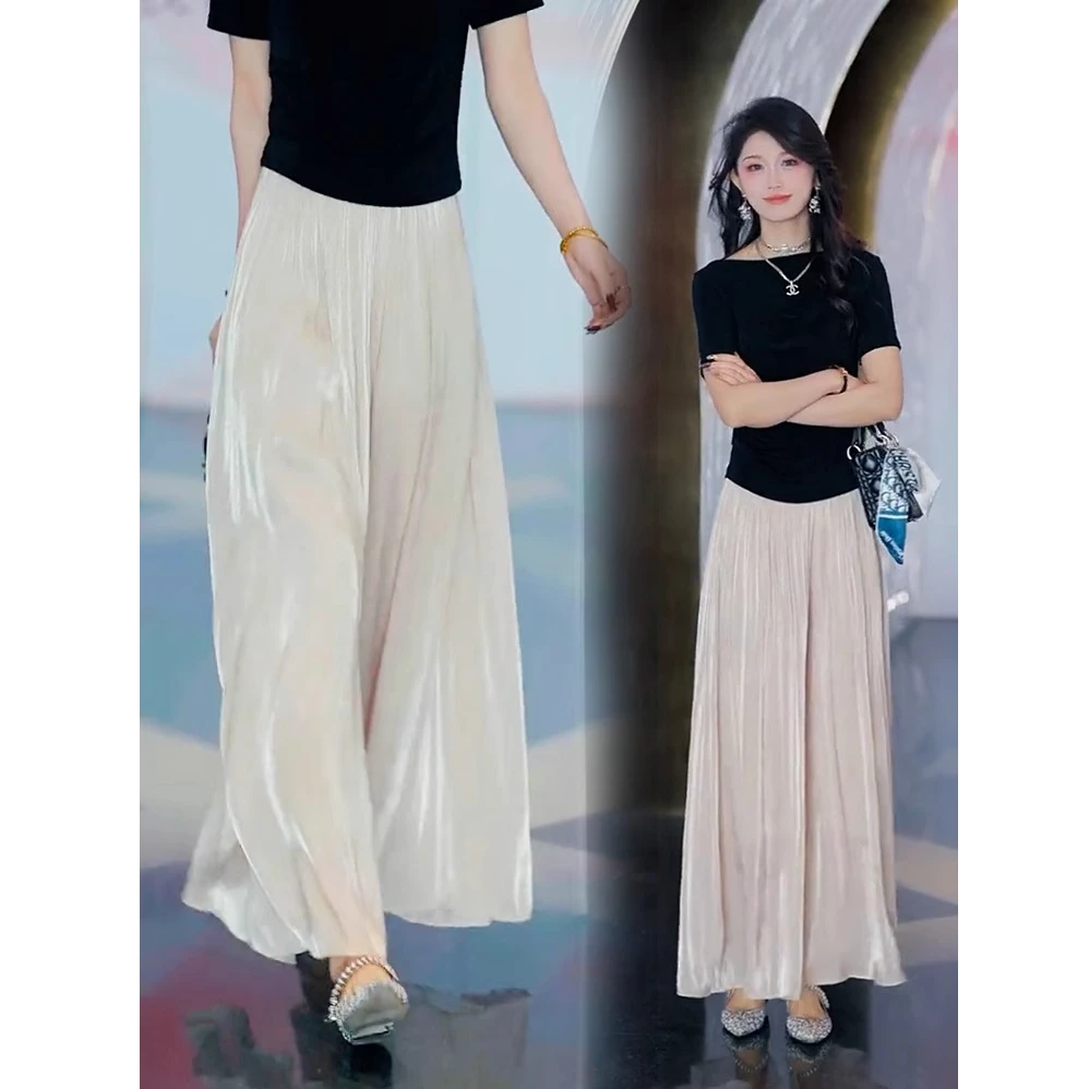 拉夏贝尔琉璃纱冰丝阔腿裤女2025年夏季新款设计感垂感飘逸裙裤薄