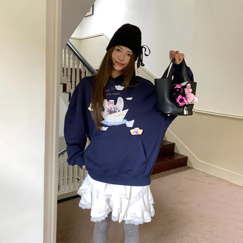 河岸家买手店YANAG宽松休闲纸船里的天使连帽卫衣女25秋冬新款