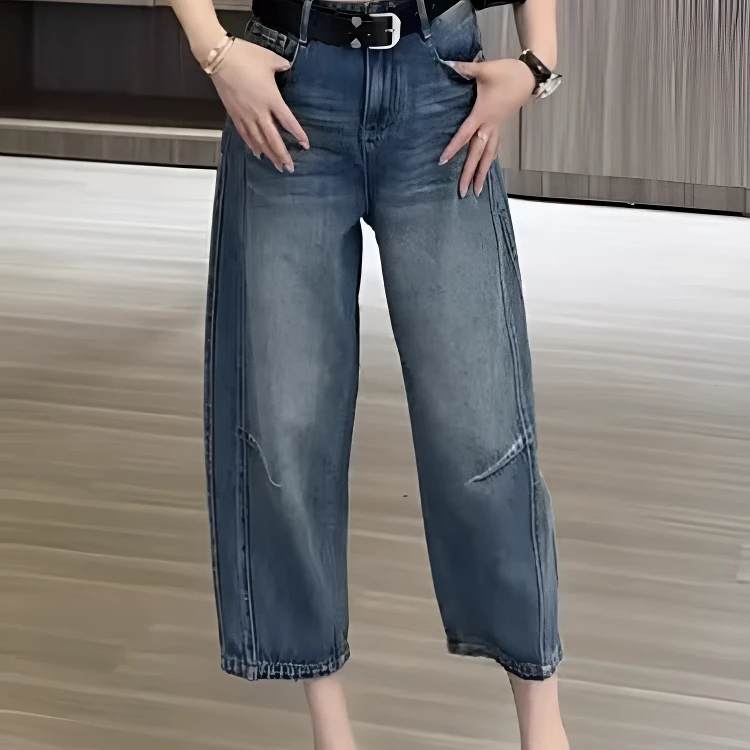 夏季薄款阔腿牛仔弯刀裤女高腰休闲八分哈伦奶奶裤
