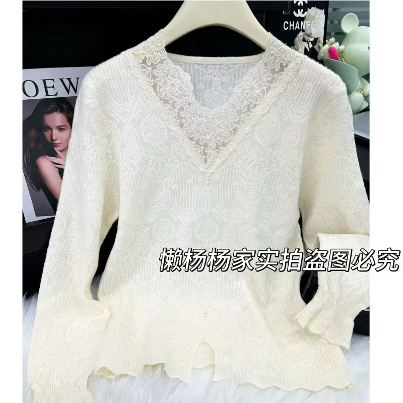 【羊毛】洋气显瘦时尚蕾丝浮雕法式镂空百搭宽松女长袖针织衫207