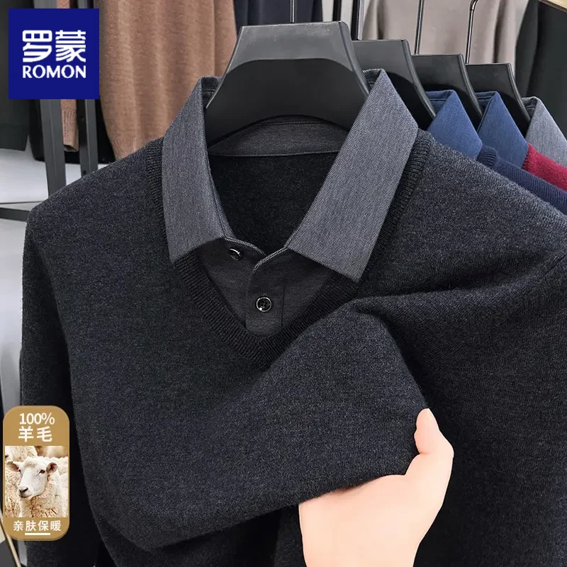 罗蒙男士100%羊毛衫假两件冬季加厚保暖衬衫领针织衫商务休闲毛衣