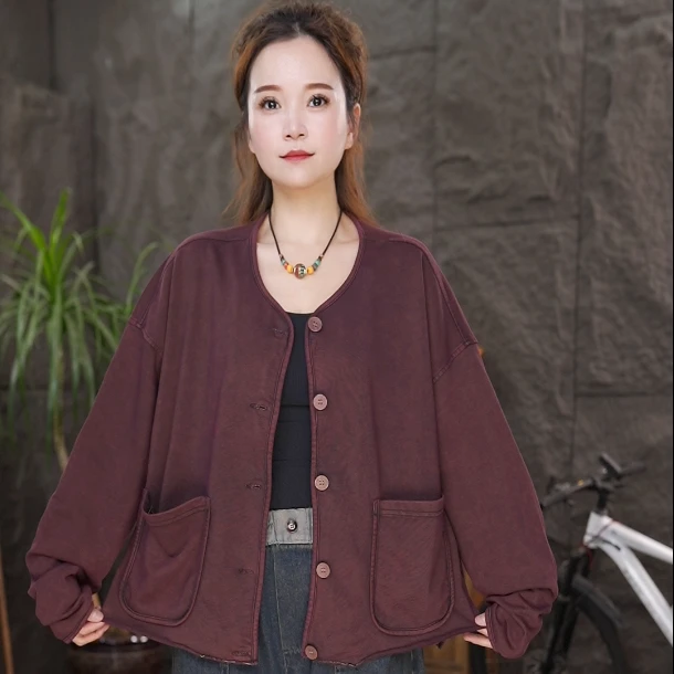 【纯棉开衫外套】秋装百搭纯色圆领上衣2025新款女装休闲上衣QQ