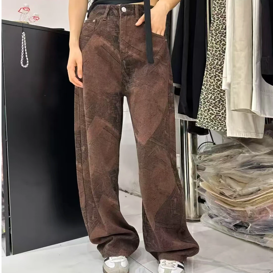 高腰宽松镰刀裤牛仔裤2025年秋款垂感个性复古印花弯刀裤女长裤子