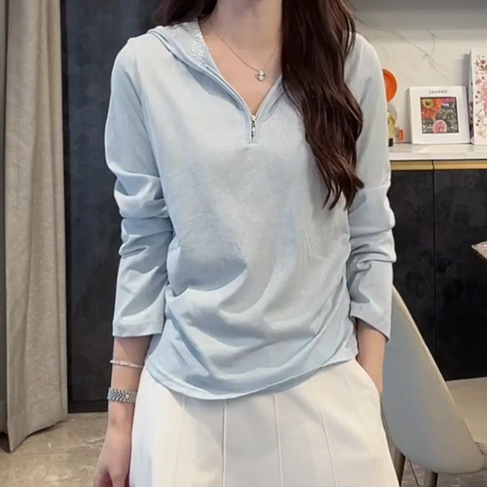 雪花冰~重工蕾丝拼接连帽上衣