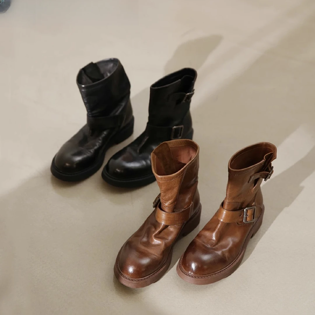 明星同款水洗马皮复古机车冬季加绒短靴马丁靴女厚底英伦风骑士靴