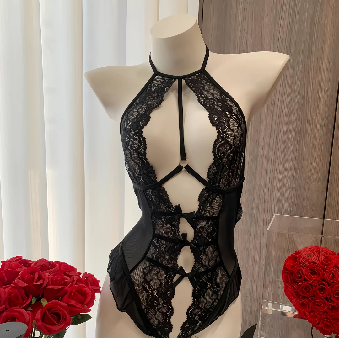 80~130斤刺激感很强的内衣成人趣味高级感睡衣镂空挂脖蕾丝纯欲风